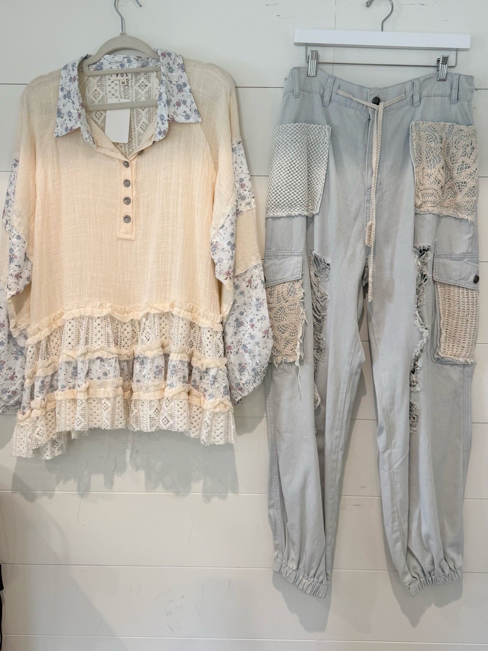 NEW POL SET: Lace Tiered Cream Blouse with Floral Accents and crochet joggers